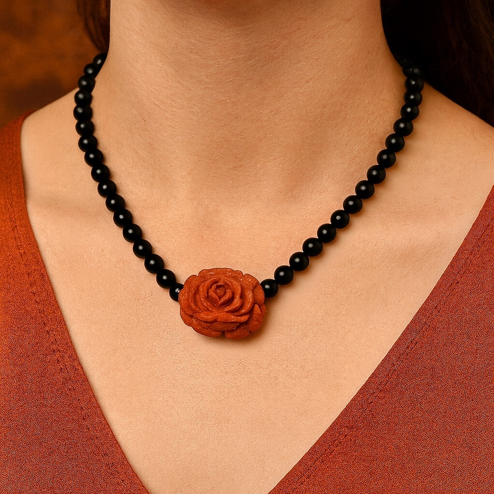 Onyx & Sponge Coral Necklace with Hand-Carved Rose Centerpiece and 14K Gold Clas